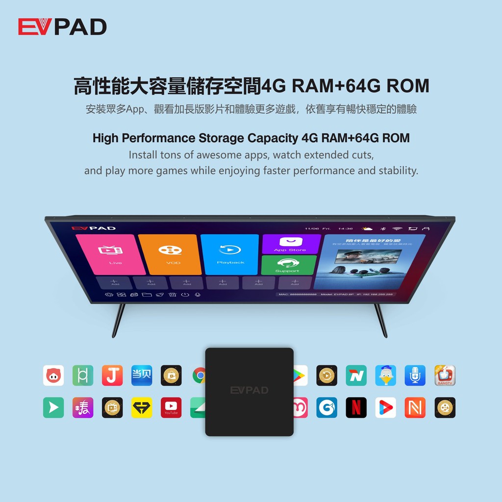 TiviBox EVPAD 6P NEW, xem MIỄN PHÍ truyền hình Nhật Bản, Hàn Quốc, Trung Quốc, Đài Loan, RAM 4GB, ROM 64GB, Remote Voice