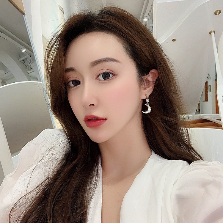 Khuyên tai kẹp không bấm lỗ chốt điều chỉnh K021 bằng hợp kim mạ vàng hình mặt trăng ngôi sao đính đá dáng dài Leous