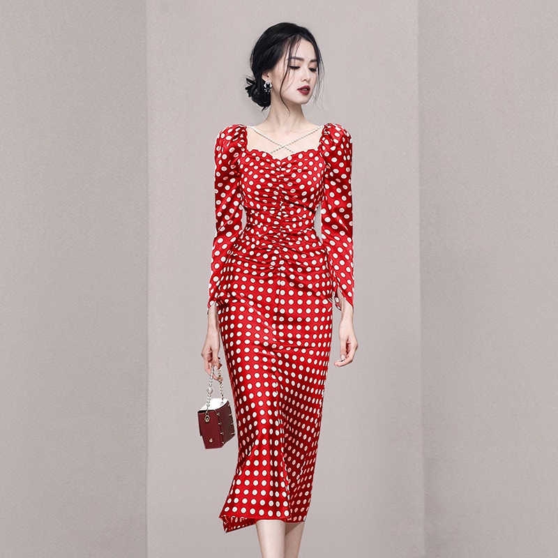 Đầm Chiết Eo Tay Áo 9 / 4 Ngọc Trai Mùa Xuân