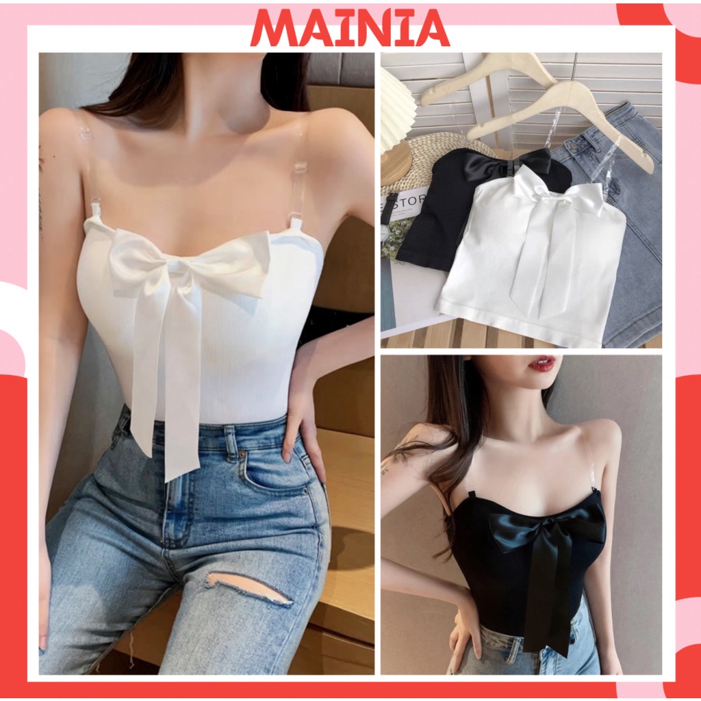 [Tặng Dây Áo Trong] Áo Bra Quây Cotton Đính Nơ Lụa Xinh Xắn Áo Croptop Len Tăm Cao Cấp Mainia Shop | WebRaoVat - webraovat.net.vn