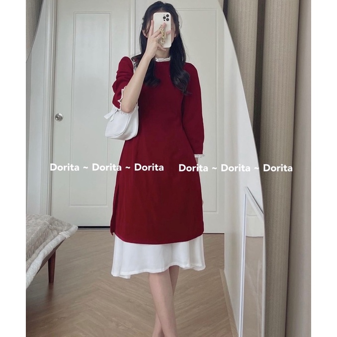 Áo dài Nhung đỏ đô cổ bèo kèm chân váy trắng, Áo dài Tết 2023 - Dorita Boutique