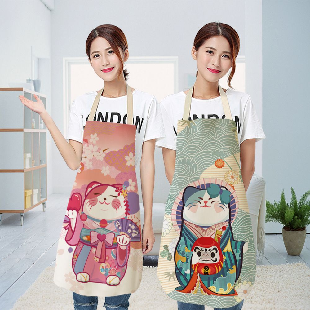 FASHYUNER Tạp dề nấu ăn bằng vải cotton in họa tiết mèo đáng yêu