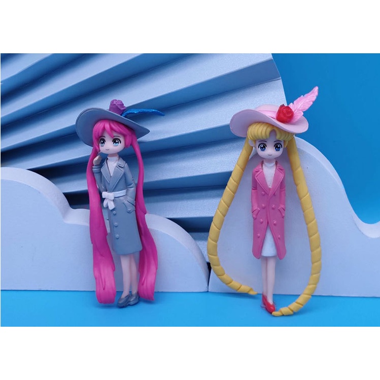 Mô hình thủy thủ mặt trăng, công chúa tóc xanh, tóc hồng trang trí bánh kem sinh nhật, móc khóa, DIY