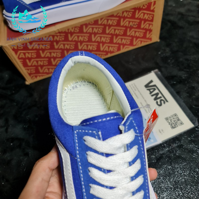 Giày Vans Old Skool Xanh Sọc Trắng Blue White Nam Nữ Cổ Thấp