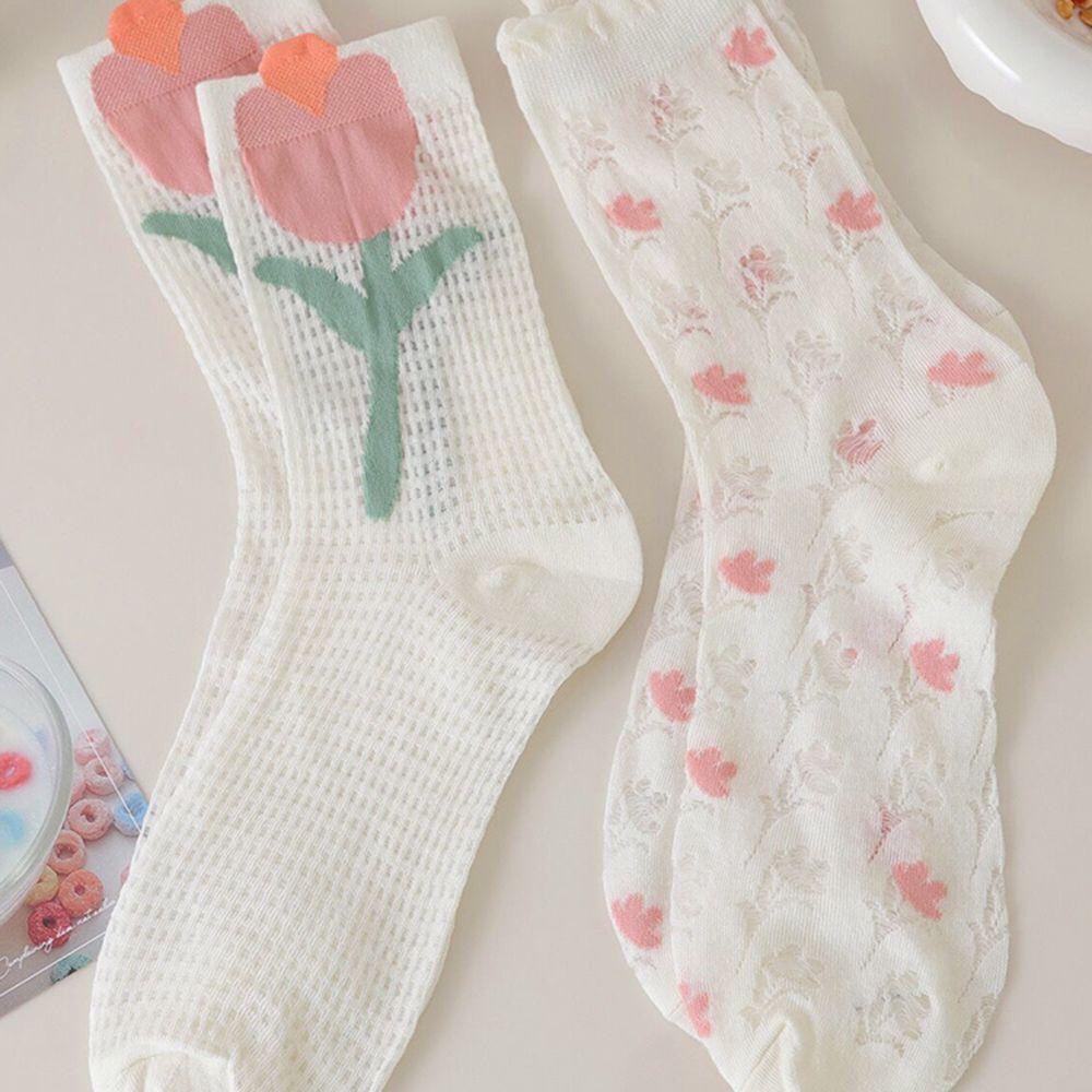 Tất cổ cao, Vớ dài nữ họa tiết hoa đơn giản phong cách Hàn Quốc chất liệu vải ren thoáng khí co giãn 4 chiều TD047