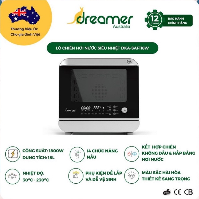 Nồi chiên, Lò chiên hơi nước DREAMER DKA-SAF118W, Dung tích 18 Lít, Hàng chính hãng, Bảo hành 12 tháng