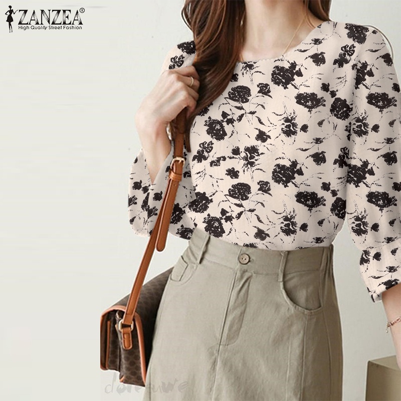 Zanzea Áo Cánh Tay Phồng 3 / 4 Cổ Tròn In Họa Tiết Thời Trang Mùa Hè Cho Nữ