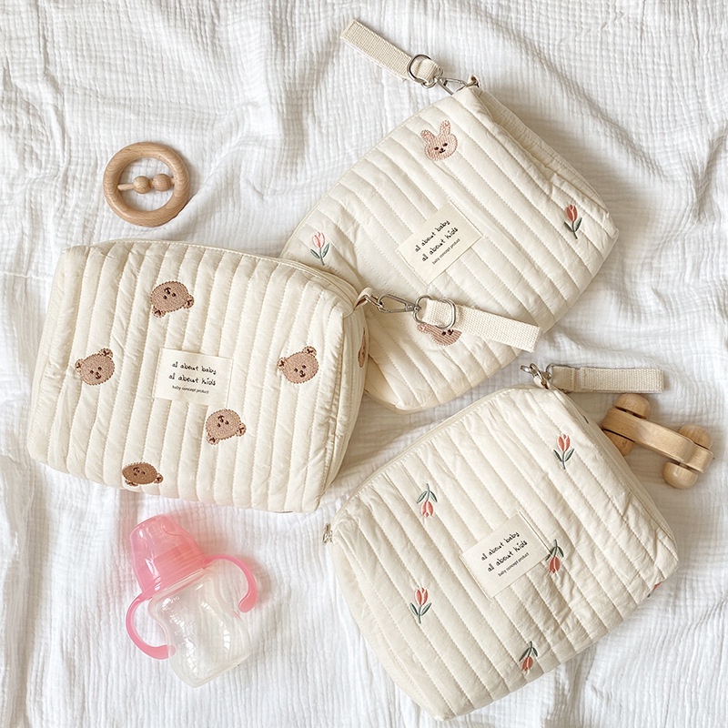 Túi treo xe đẩy/túi đựng đồ đa năng cho bé có khóa kéo thêu hình gấu/hoa vintage phong cách Hàn Quốc