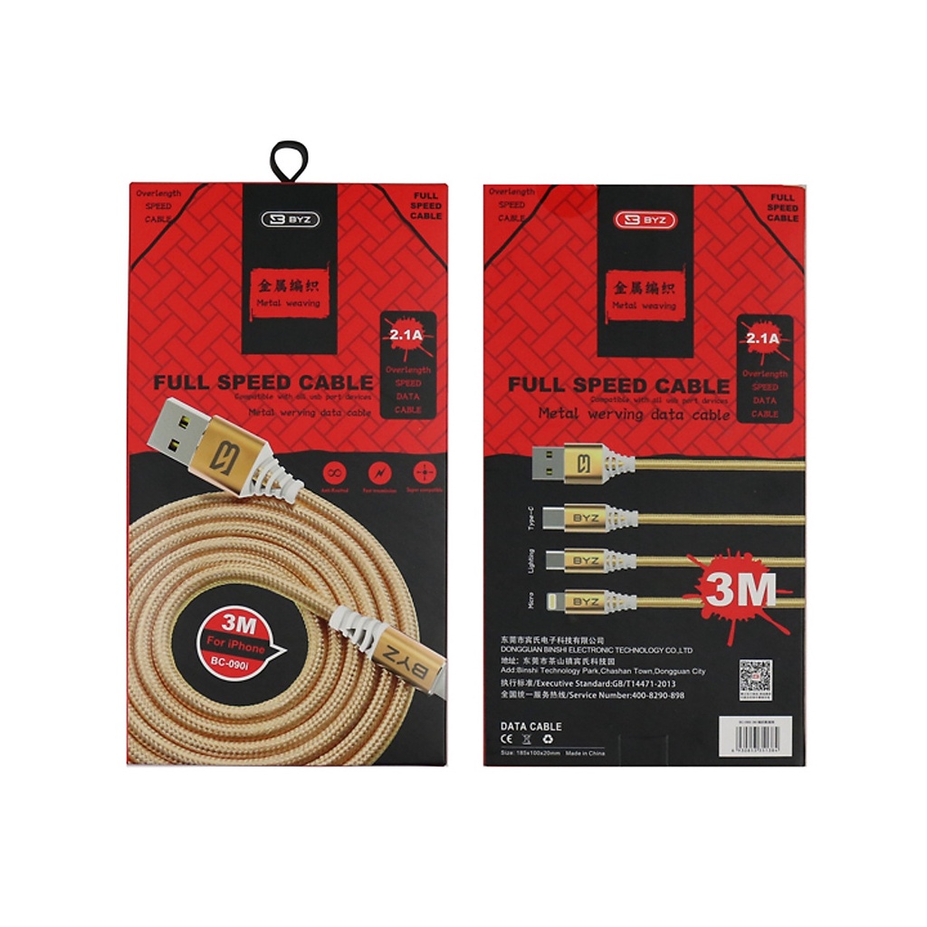 Dây Sạc Dù BZY 909I Dây Dài 3 Mét, Hỗ Trợ Sạc Nhanh Chính Hãng BYZ Siêu Bền, Chống Đứt Gãy Sạc. Bảo Hành 12 Tháng