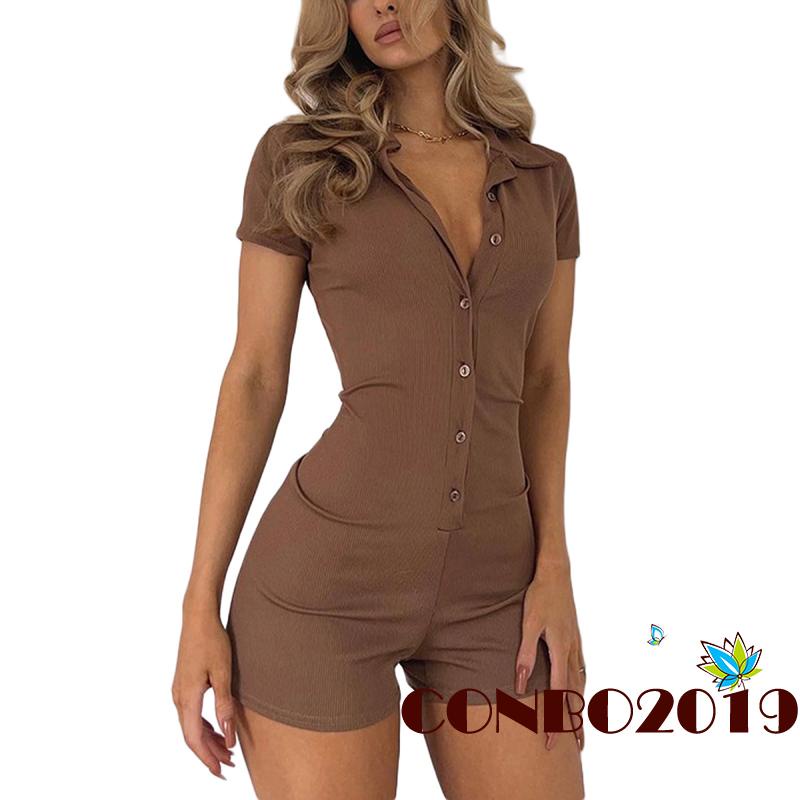 Bộ áo liền quần tay ngắn dáng ôm cài nút trước màu trơn thời trang hè thu quyến rũ dành cho nữ