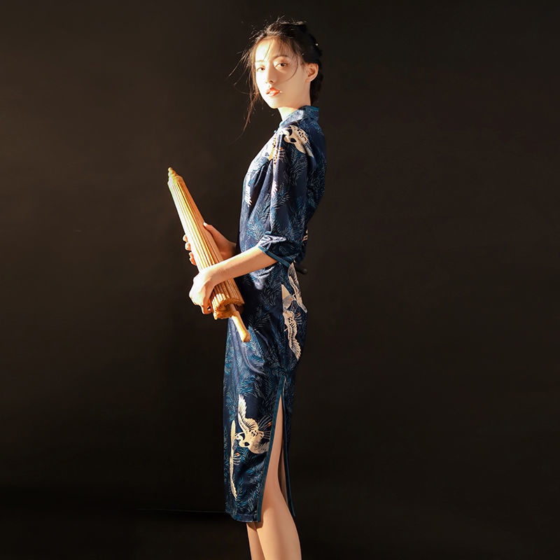 Improved cheongsam dress improved cheongsam cheongsam large size improved cheongsam dress 2022 new modified cheongsam Republic of China retro high-end elegant slimming spring and autumn summer mid-length dress for mothers zAcN