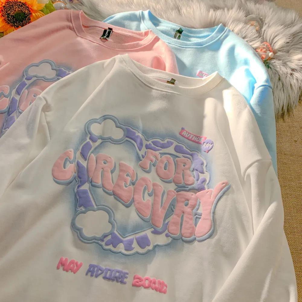 Áo sweatshirt vải cotton tay dài cổ tròn dáng rộng phong cách mùa thu kiểu Hàn Quốc năng động dành cho nữ
