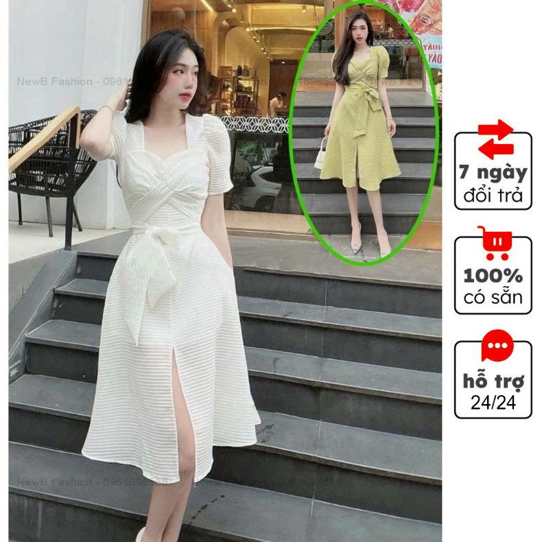 Đầm xoắn ngực dây chéo quấn eo cực xinh, đầm tôn dáng ngắn tay có lót, vải họa tiết nổi - A120 - NewB Fashion