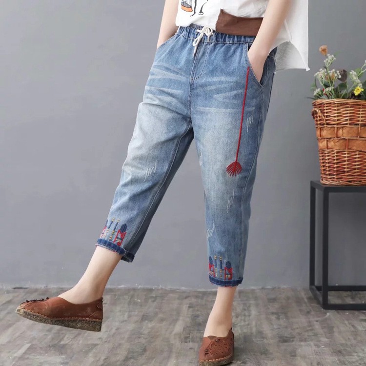 Quần jean bagyy nữ lưng thun eo co giãn size đại bigsize thêu hoa size M đến 3XL