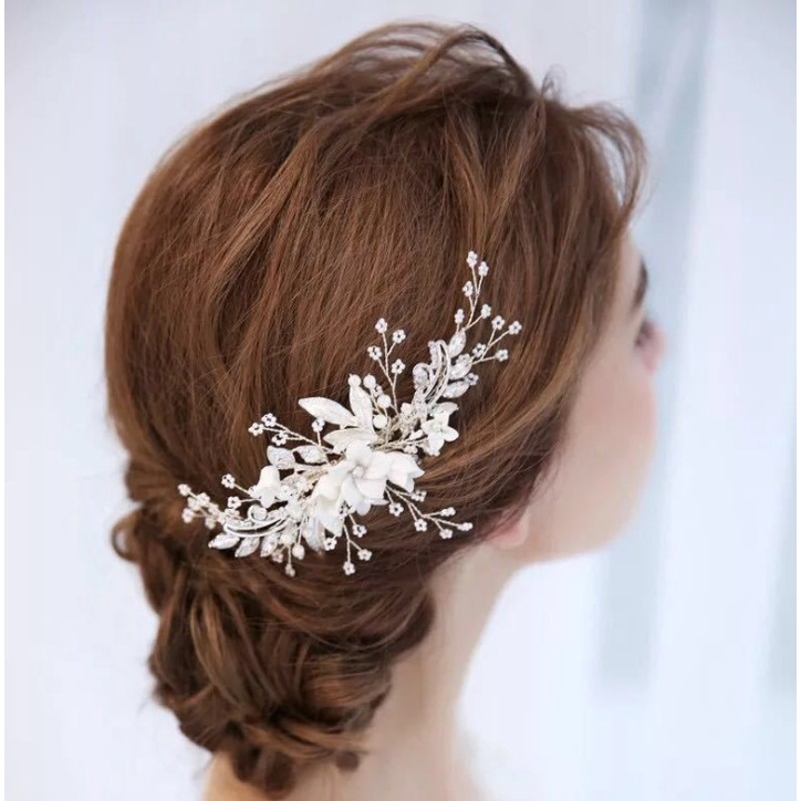 Phụ Kiện Cài Tóc Hình Hoa Đính Ngọc Trai Sang Trọng Cho Cô Dâu