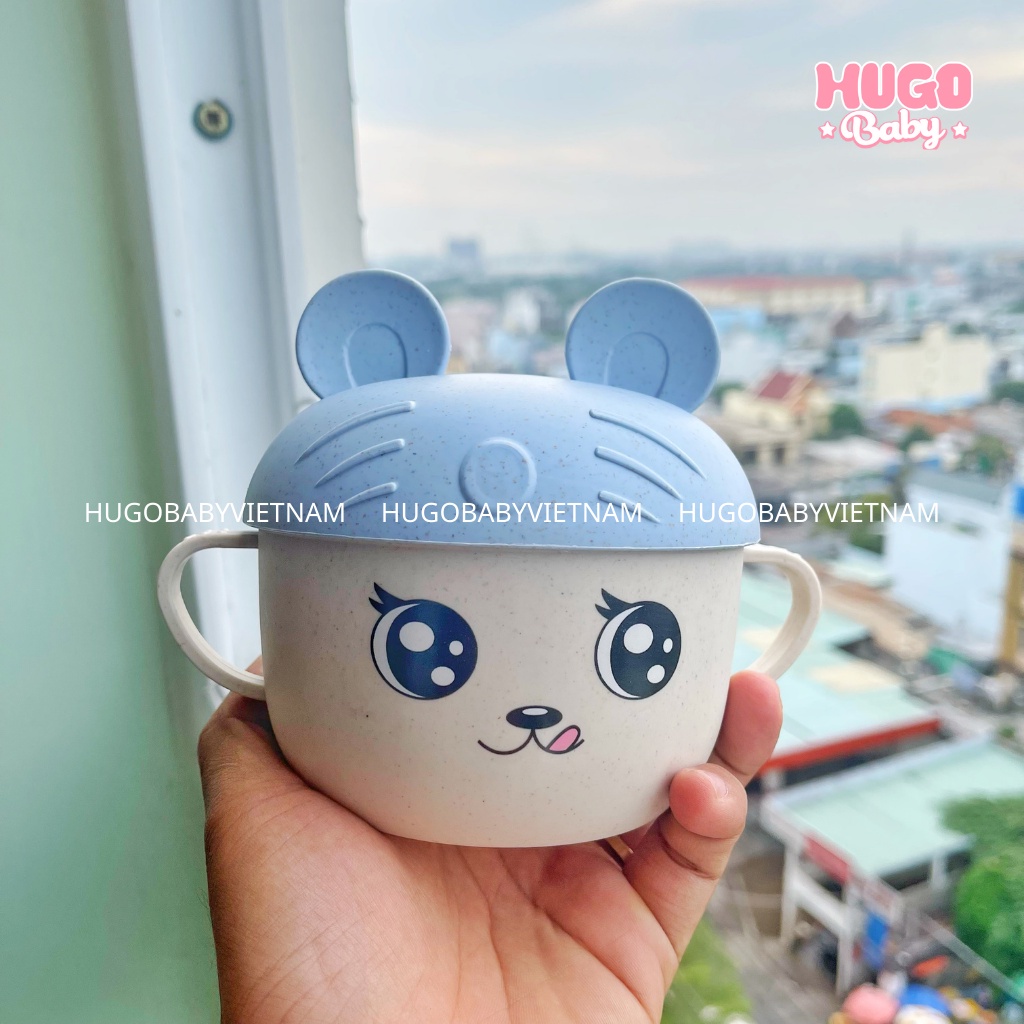 Bát ăn dặm lúa mạch cho bé có nắp đậy kèm thìa Hugo Baby