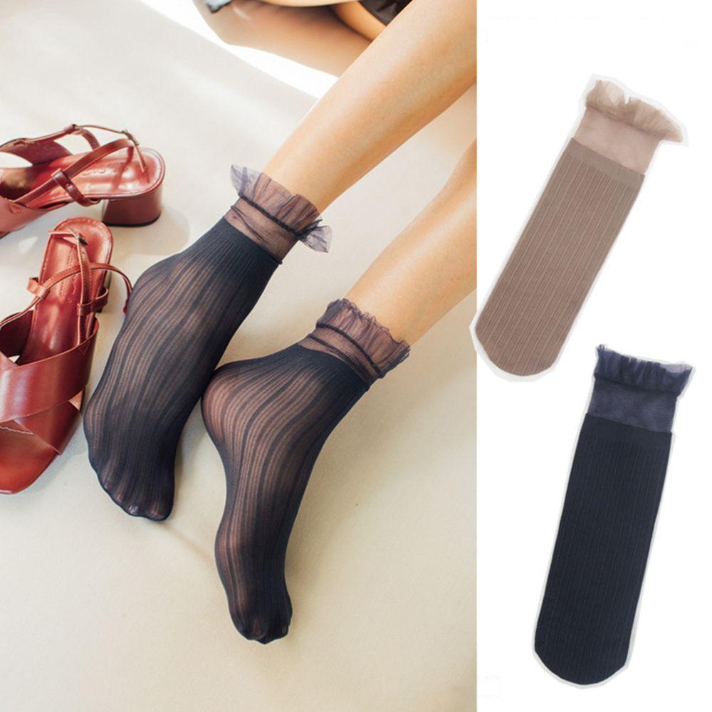 Vớ Lụa Phối Ren Màu Trơn Co Giãn Gợi Cảm Cho Nữ