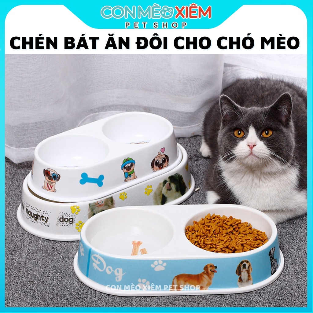 Chén ăn chó mèo bát đôi nhựa đựng thức ăn hoạt hình dễ thương, phụ kiện thú cưng Con Mèo Xiêm