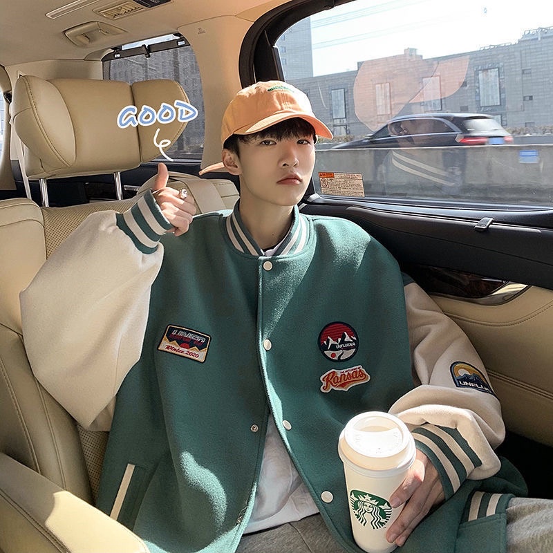 Áo khoác bomber varsity jacket phong cách bóng chày màu xanh mint mới phù hợp cho các cặp tình nhân
