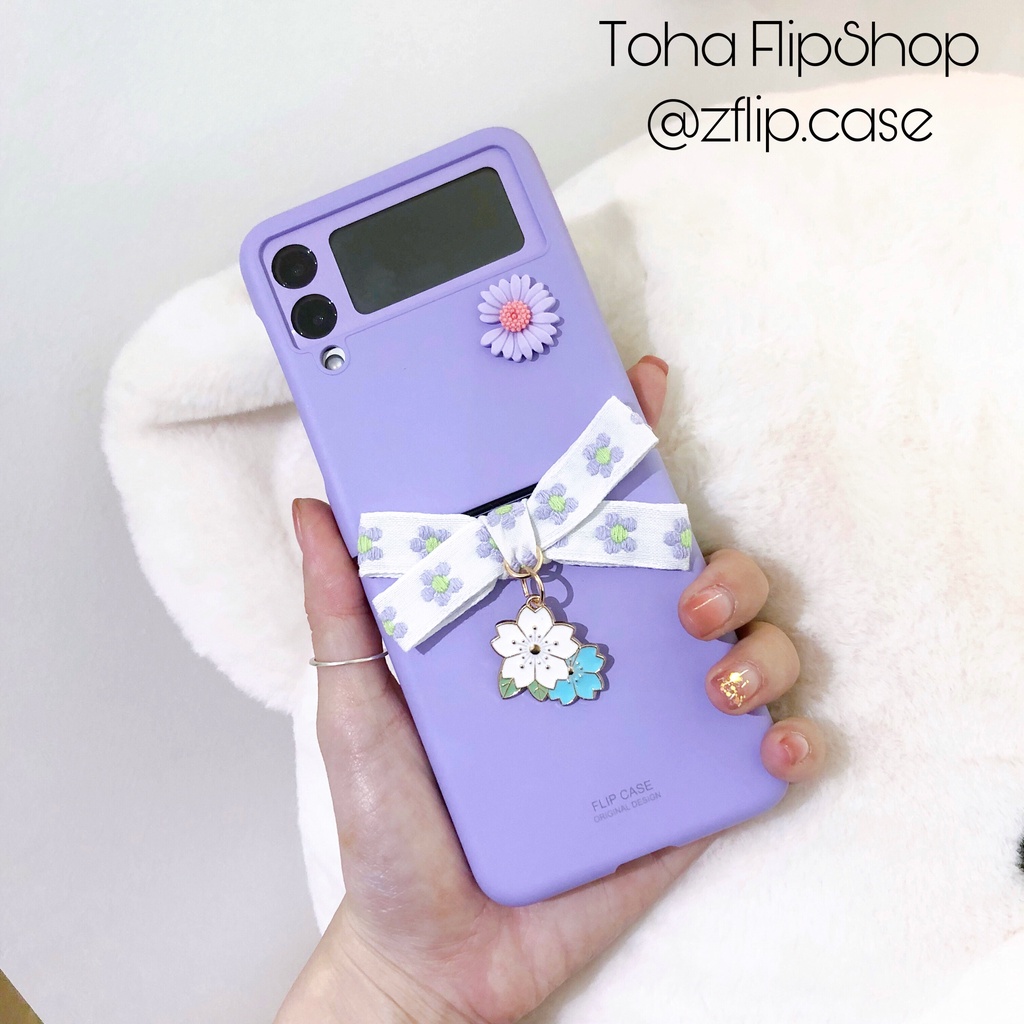 [HÀNG MỚI] Ốp Samsung Z Flip 3 / Z Flip 4 Nơ hoa tím + bộ dán màn hình và bản lề cực xinh / Z Flip3 / ZFlip3 / Z Flip4