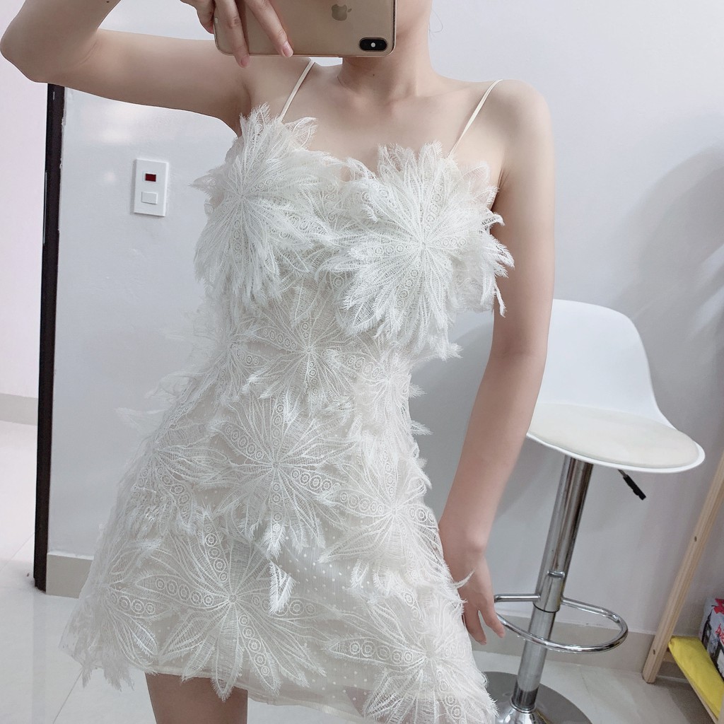 Đầm Dạ Hội 2 Dây Thêu Hoa Chất Ren Tơ Màu Trắng Cực Chảnh