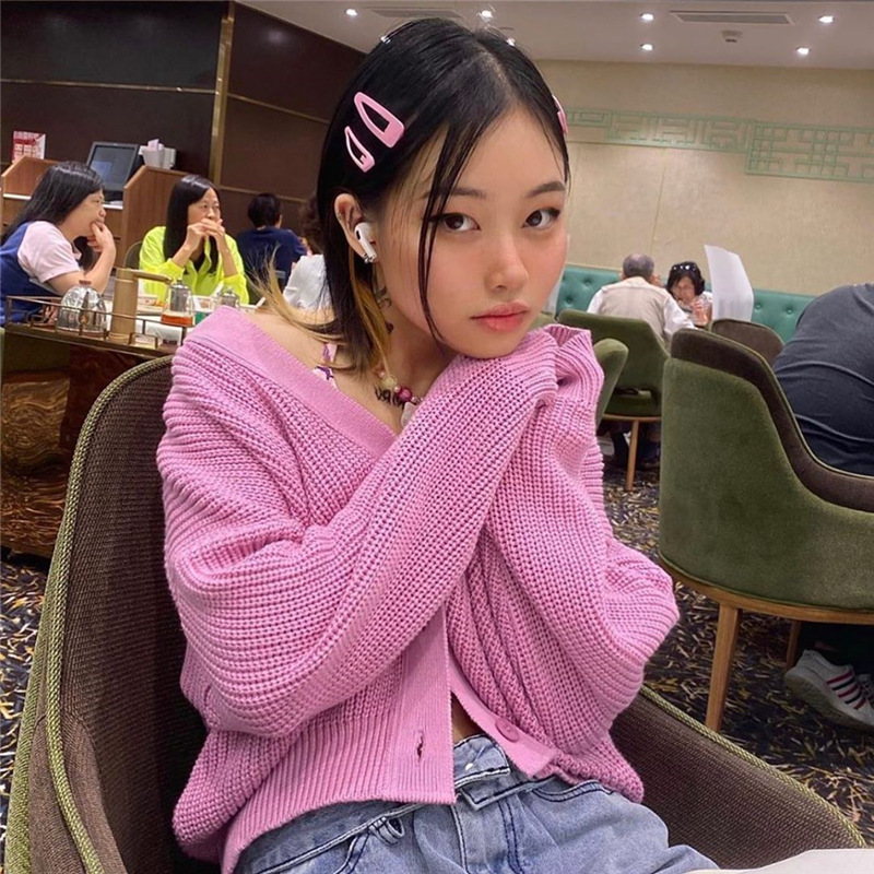 DUNEA Áo khoác len tay dài có núi cài thêu họa tiết chữ cái thời trang cho nữ