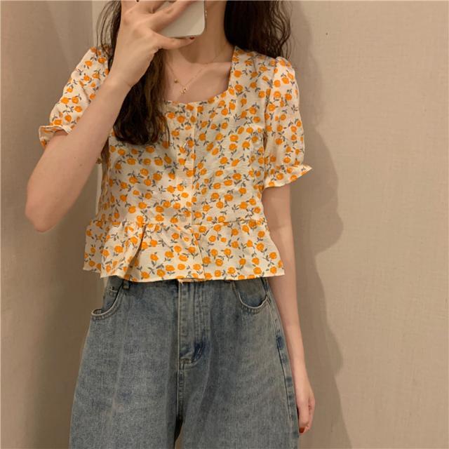 Áo Kiểu Cổ Vuông Tay Ngắn In Hoạ Tiết Hoa Xinh Xắn Dành Cho Nữ  tao bao