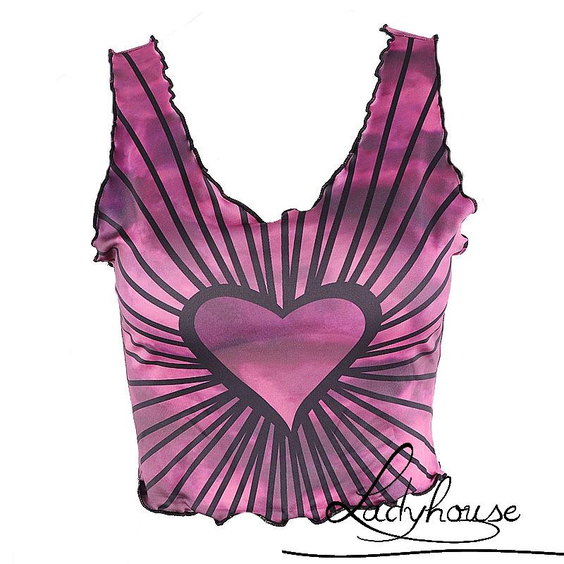 Áo tank top cổ chữ U ôm dáng in họa tiết trái tim gợi cảm cho nữ