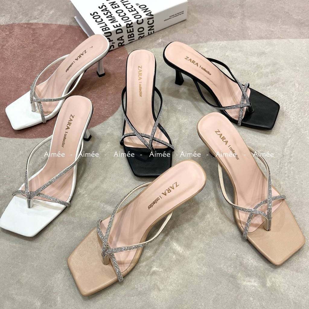 Dép Nữ Dây Mảnh Đính Đá Cao Gót 5 Phân Đế Vuông Phối Những Bộ Cánh Siêu Xinh