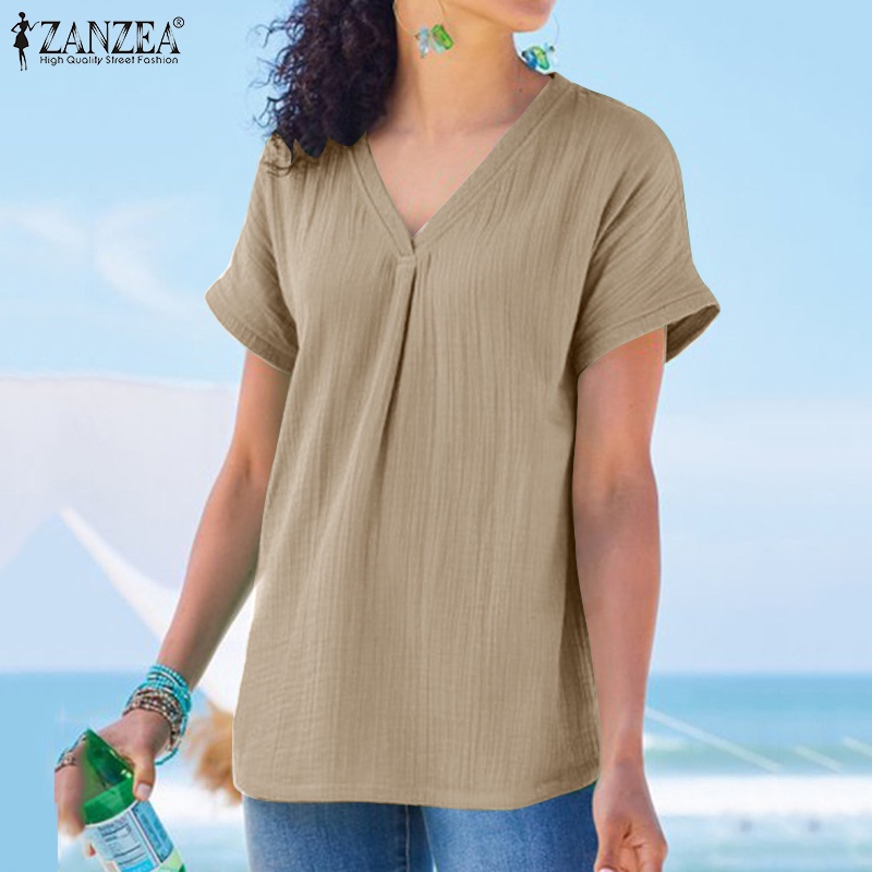 Áo thun ZANZEA ngắn tay cổ chữ V màu trơn đơn giản dễ phối đồ cho nữ