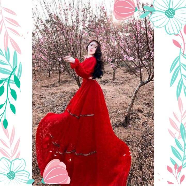 Váy Đầm Maxi Đi Biển Dáng Xòe Đỏ Hở Hưng Chất Voan Xù Có Lót Đẹp Xuất Thần, Đi Biển, Du Lịch, Chụp Ảnh Sống Ảo