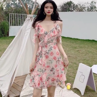 [SẴN S] Váy voan hoa hồng trễ vai (+ ảnh thật)