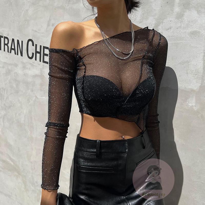 Áo Thun Dài Tay Một Vai Phối Lưới Mỏng Lấp Lánh Thời Trang Cho Nữ