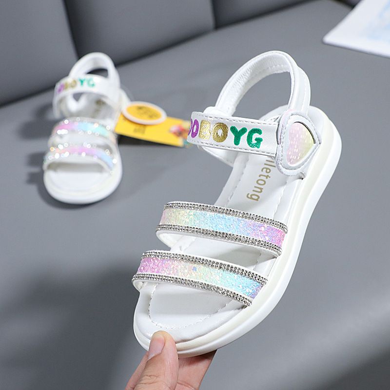 Sandal Cho Bé Gái Dép Quai Hậu Đi Học sz 26-36 Hai Quai Ngang Đính Nhũ Cầu Vồng Siêu Xinh