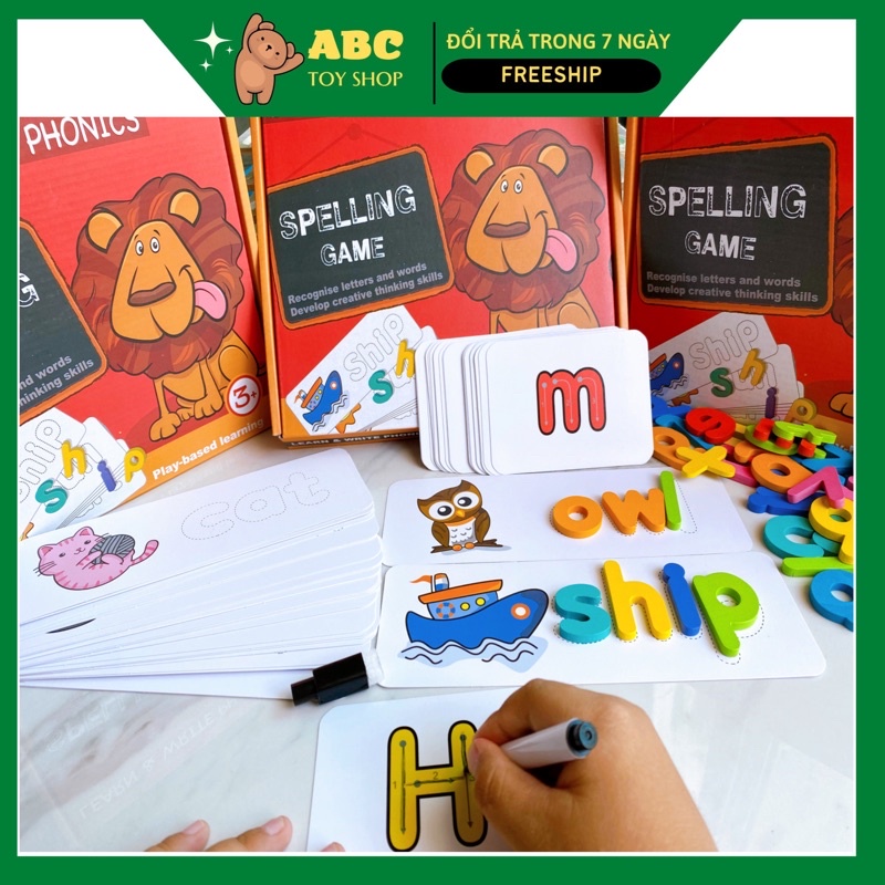SPELLING GAME-Bộ Ghép Chữ Bằng Gỗ Học Tiếng Anh Kèm 28 Thẻ Từ Vựng 2 mặt, 52 Chữ Cái Ghép - Đồ chơi thông minh trí tuệ