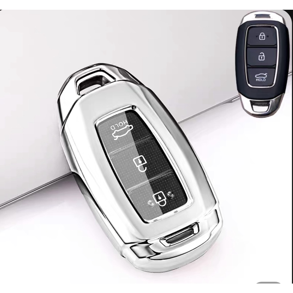 Ốp chìa khóa TPU Mạ Inox 3 nút Smart key xe HUYNDAI Kona, Accent , Santafe,,I30