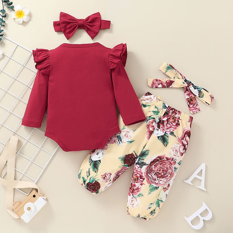 Băng đô quà tặng-Bộ Đồ Quần Áo Bé Gái Body Tay Dài Bodysuit Liền Thân Và Hoa Quần Dài Set Thời Trang Cho Bé Trẻ em Sơ Sinh 0-24 Tháng