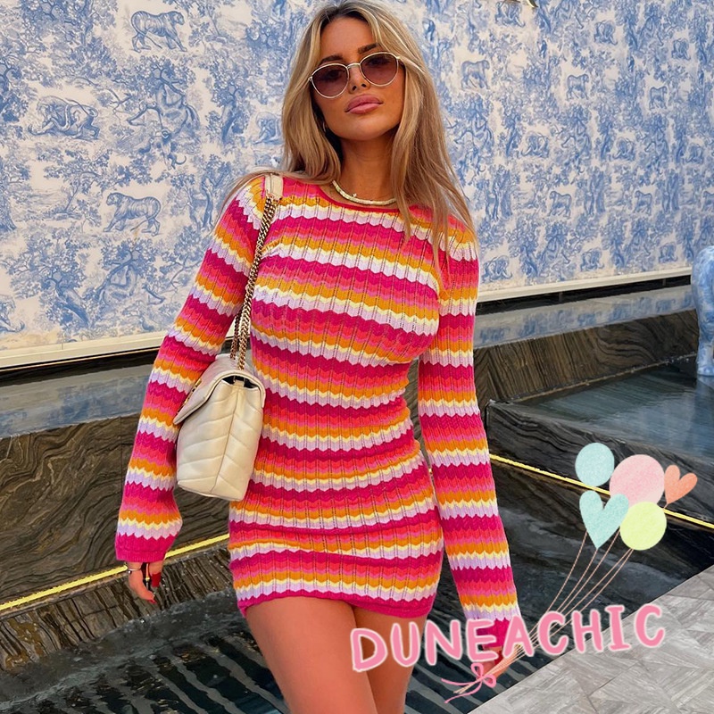 DUNEA Đầm Tay Dài Cổ Tròn Hở Lưng Họa Tiết Kẻ Sọc Thời Trang Cho Nữ