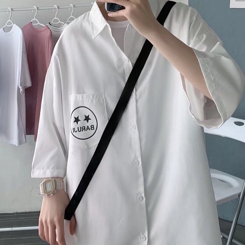 ✦ AFFLIGA ✦Áo Sơ Mi Tay Ngắn Dáng Rộng Thoáng Khí In Hình Mặt Cười 4 Màu Sắc Cho Nam