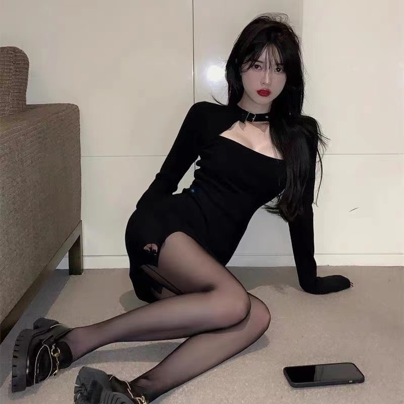 Đầm Ôm Dáng Tay Dài Khoét Lỗ Màu Đen Size XS-3XL Thời Trang Quyến Rũ Cho Nữ