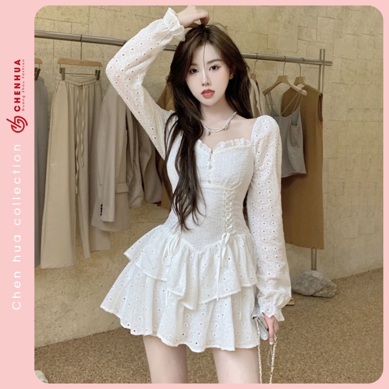 Váy bánh bèo HUAHUA đầm retro thắt eo dài tay xinh đẹp VT38