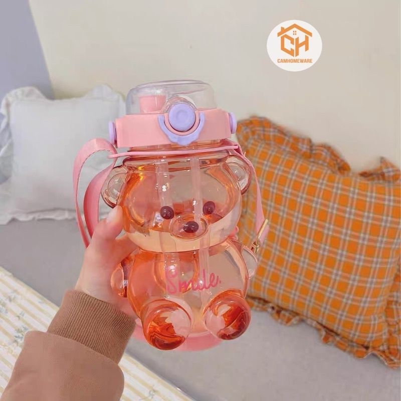 Bình Nước Gấu Có Ống Hút Kèm Dây Đeo Cực Dễ Thương