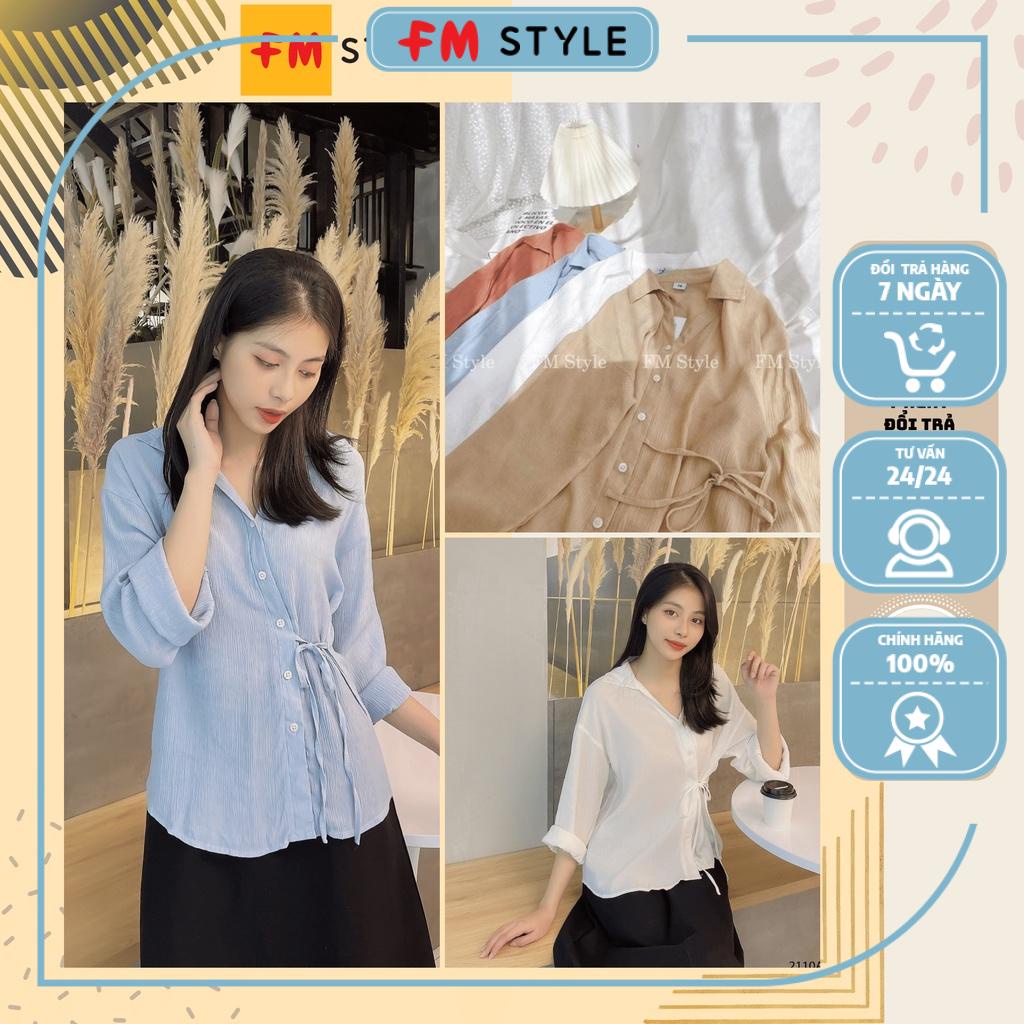 Áo Sơ mi trơn thiết kế cột nơ bên eo form rộng | Áo sơ mi tay dài lệch tà thắt eo | Fmstyle Shop 211012136
