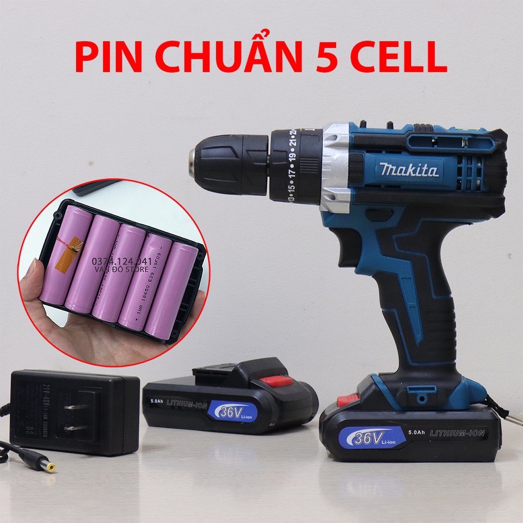 Máy Khoan Pin MAKITA 36V đầu 10ly Có Búa + Phụ Kiện, kèm 2 pin chuẩn 10 cell - Máy bắn vít - Máy khoan tường