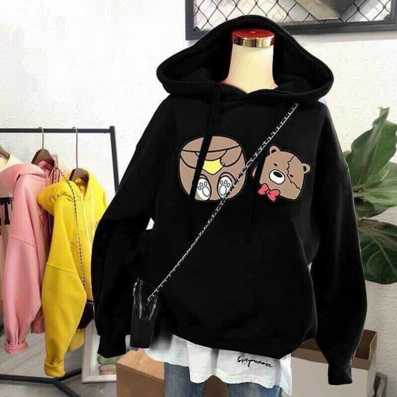 Áo hoodie có mũ form rộng style Korea xinh xắn, áo khoác hoodie nỉ Pe dày dặn in hình Gấu Mập siêu cưng.