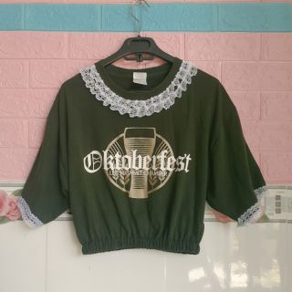 Áo thun mĩ dáng croptop màu xanh rêu phối bèo ren siêu xinh size L