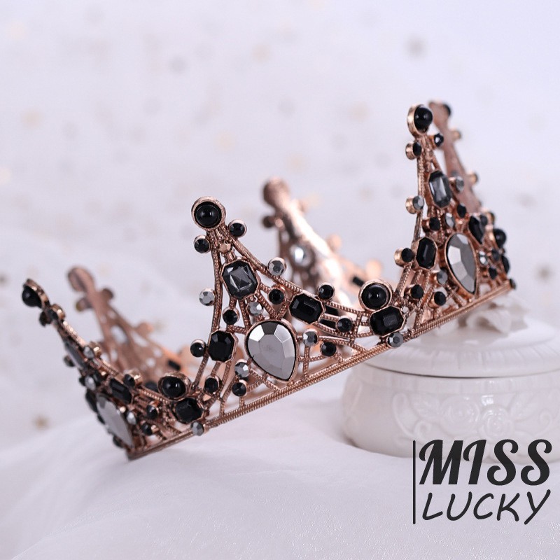 Vương miện nữ hoàng phong cách vintage đính đá màu đen thanh lịch