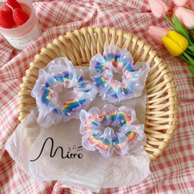 Set bờm và cột tóc cầu vồng bờm ngũ sắc bờm cầu vồng cột tóc scrunchies cầu vồng