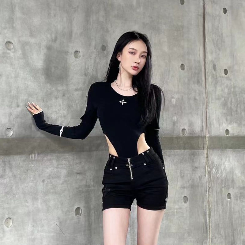 smfk infinite deconstruction jumpsuit black tight top slim sexy T-shirt sports style short 2022 | BigBuy360 - bigbuy360.vn