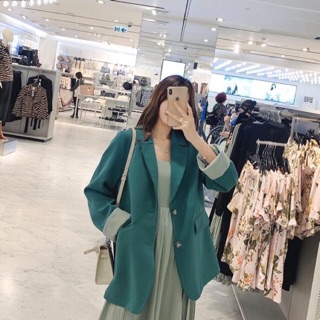 Set áo blazer - váy 2 dây xanh cổ vịt